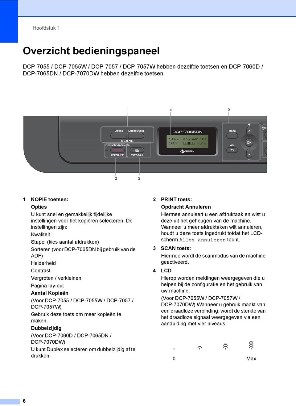 De instellingen zijn: Kwaliteit Stapel (kies aantal afdrukken) Sorteren (voor DCP-7065DN bij gebruik van de ADF) Helderheid Contrast Vergroten / verkleinen Pagina lay-out Aantal Kopieën (Voor