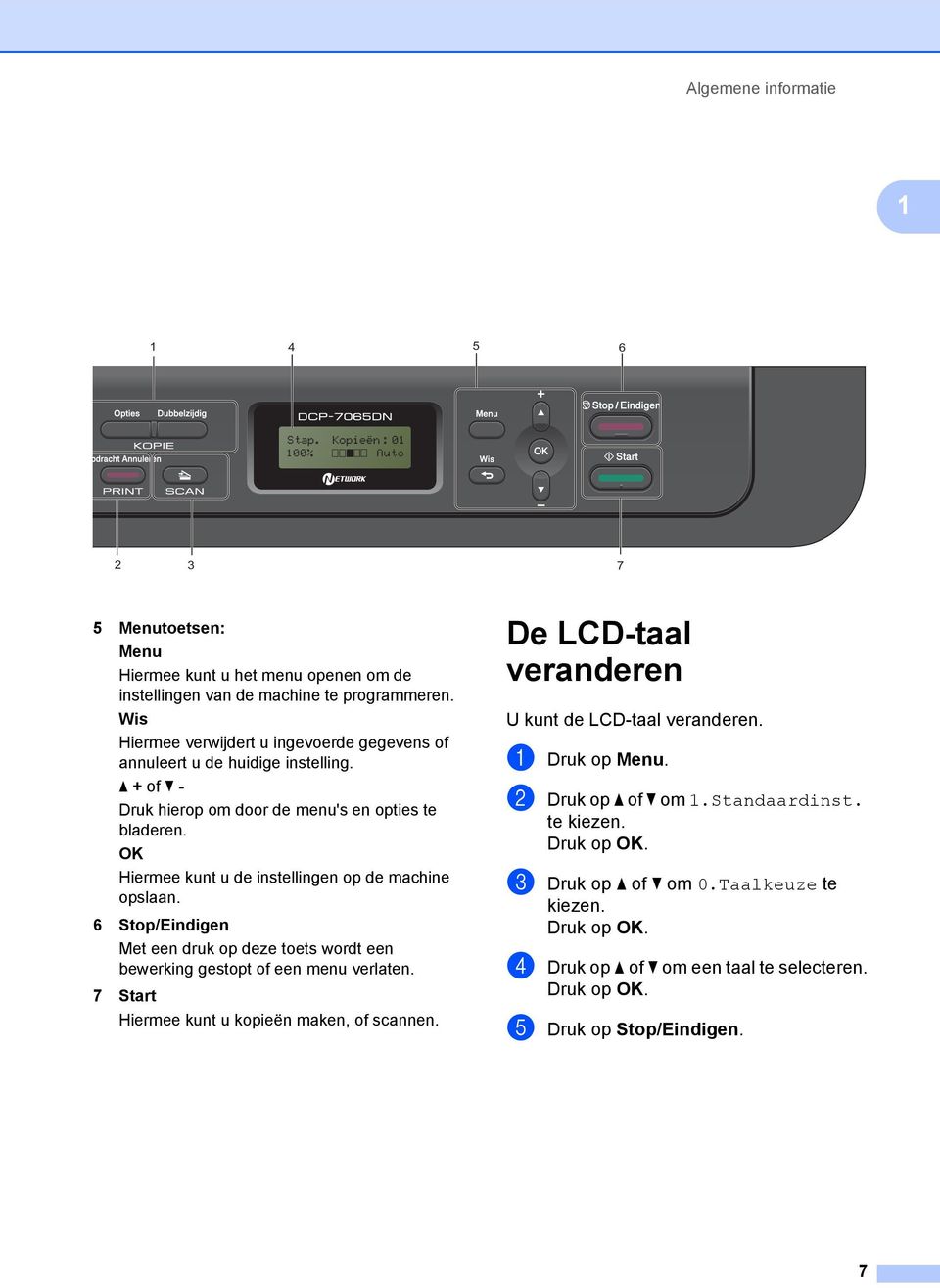 OK Hiermee kunt u de instellingen op de machine opslaan. 6 Stop/Eindigen Met een druk op deze toets wordt een bewerking gestopt of een menu verlaten.