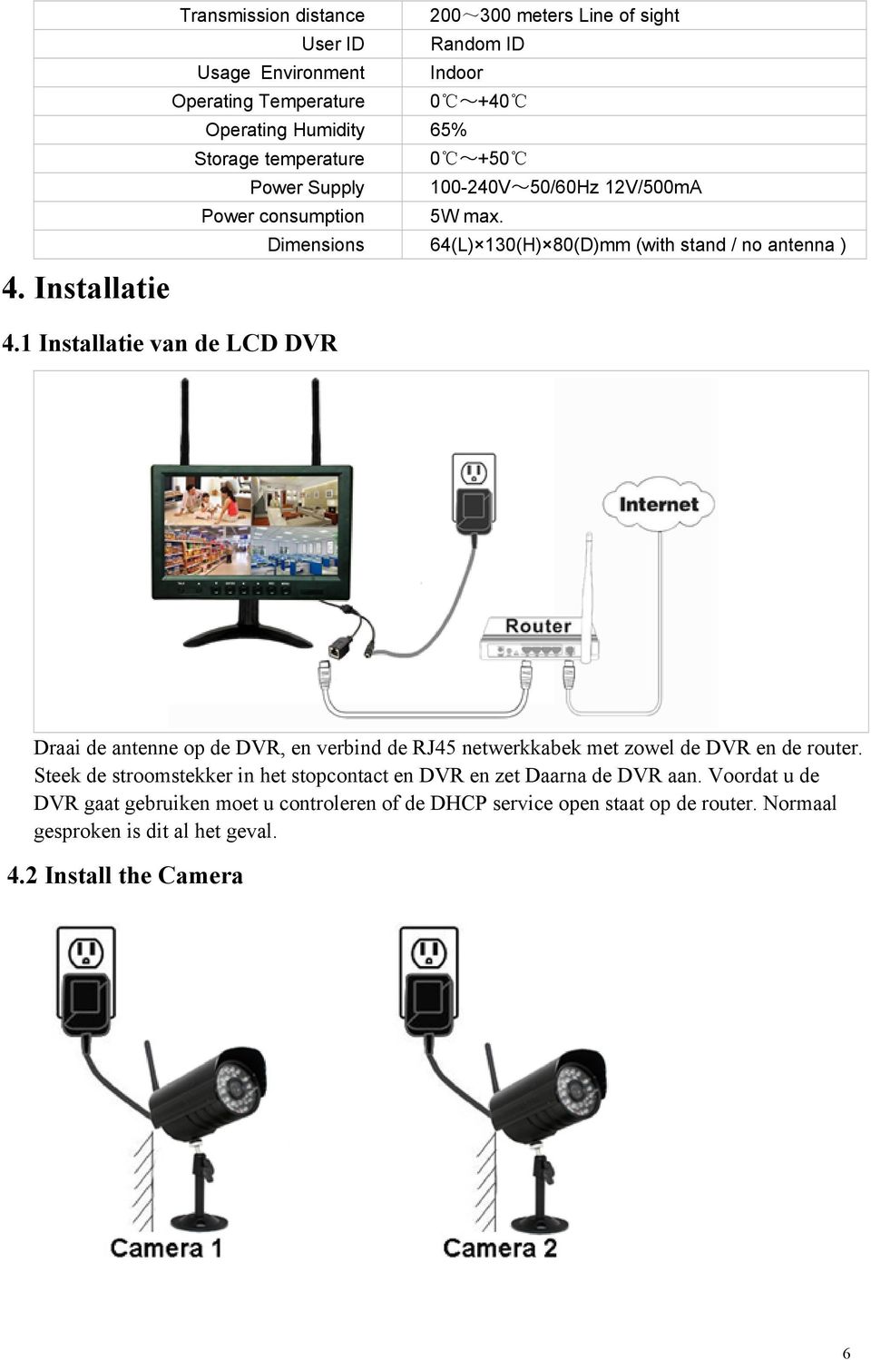 1 Installatie van de LCD DVR Draai de antenne op de DVR, en verbind de RJ45 netwerkkabek met zowel de DVR en de router.