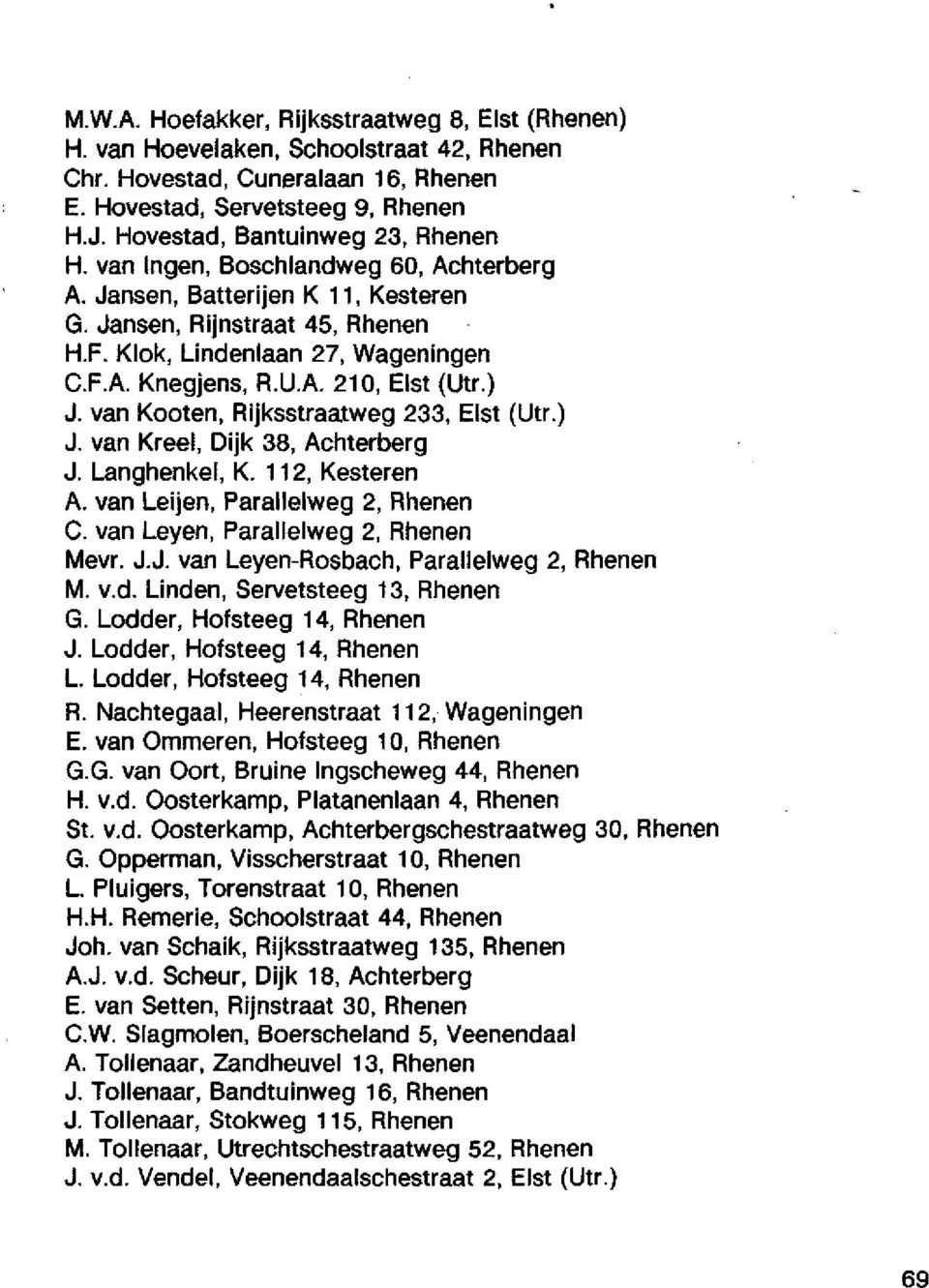 U.A. 210, Eist (Utr.) J. van Kooten, Rijksstraatweg 233, Eist (Utr.) J. van Kreel, Dijk 38, Achterberg J. Langhenkel, K. 112, Kesteren A. van Leijen, Parallelweg 2, Rhenen C.