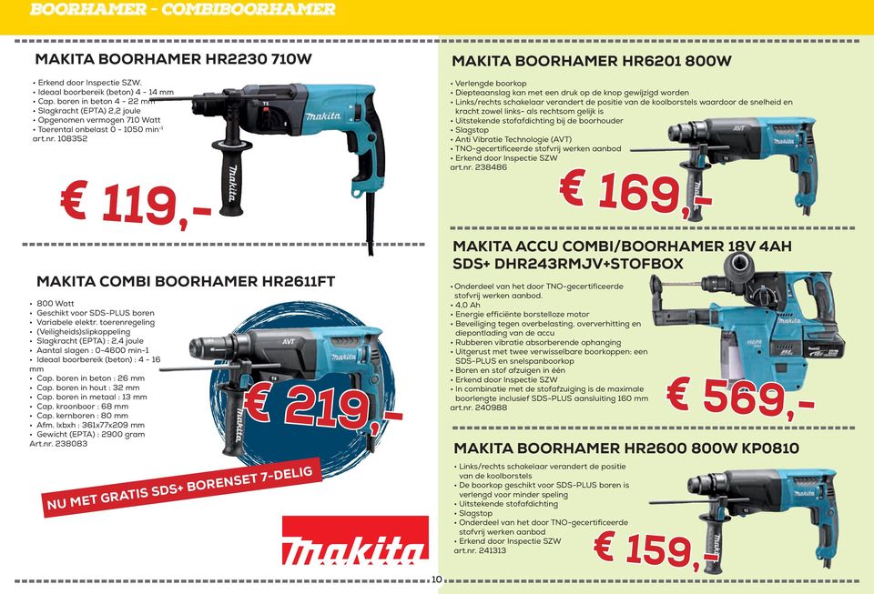 108352 MAKITA BOORHAMER HR6201 800W Verlengde boorkop Diepteaanslag kan met een druk op de knop gewijzigd worden Links/rechts schakelaar verandert de positie van de koolborstels waardoor de snelheid