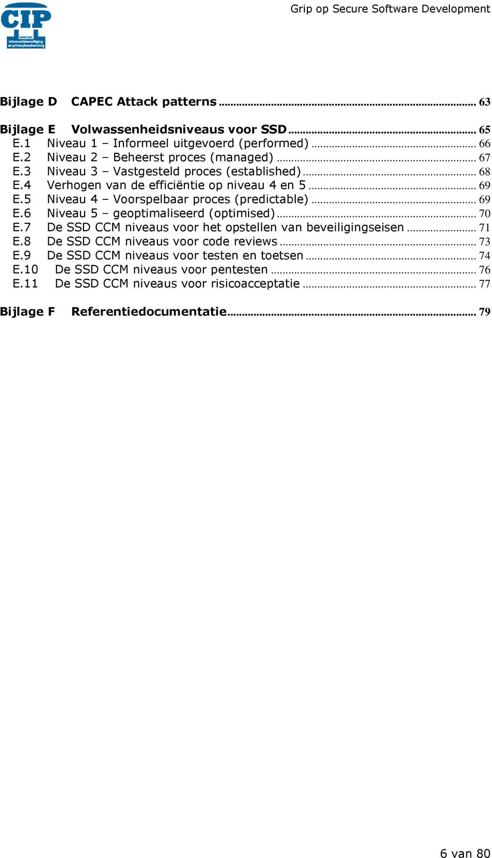 .. 70 E.7 De SSD CCM niveaus voor het opstellen van beveiligingseisen... 71 E.8 De SSD CCM niveaus voor code reviews... 73 E.9 De SSD CCM niveaus voor testen en toetsen... 74 E.