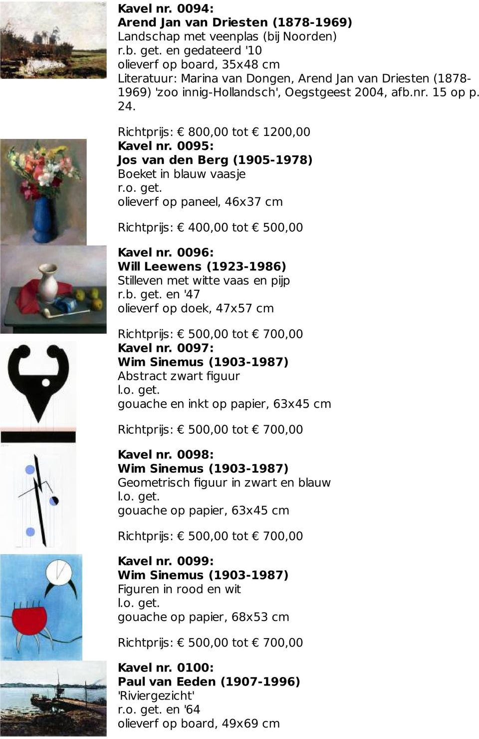 Richtprijs: 800,00 tot 1200,00 Kavel nr. 0095: Jos van den Berg (1905-1978) Boeket in blauw vaasje olieverf op paneel, 46x37 cm Richtprijs: 400,00 tot 500,00 Kavel nr.