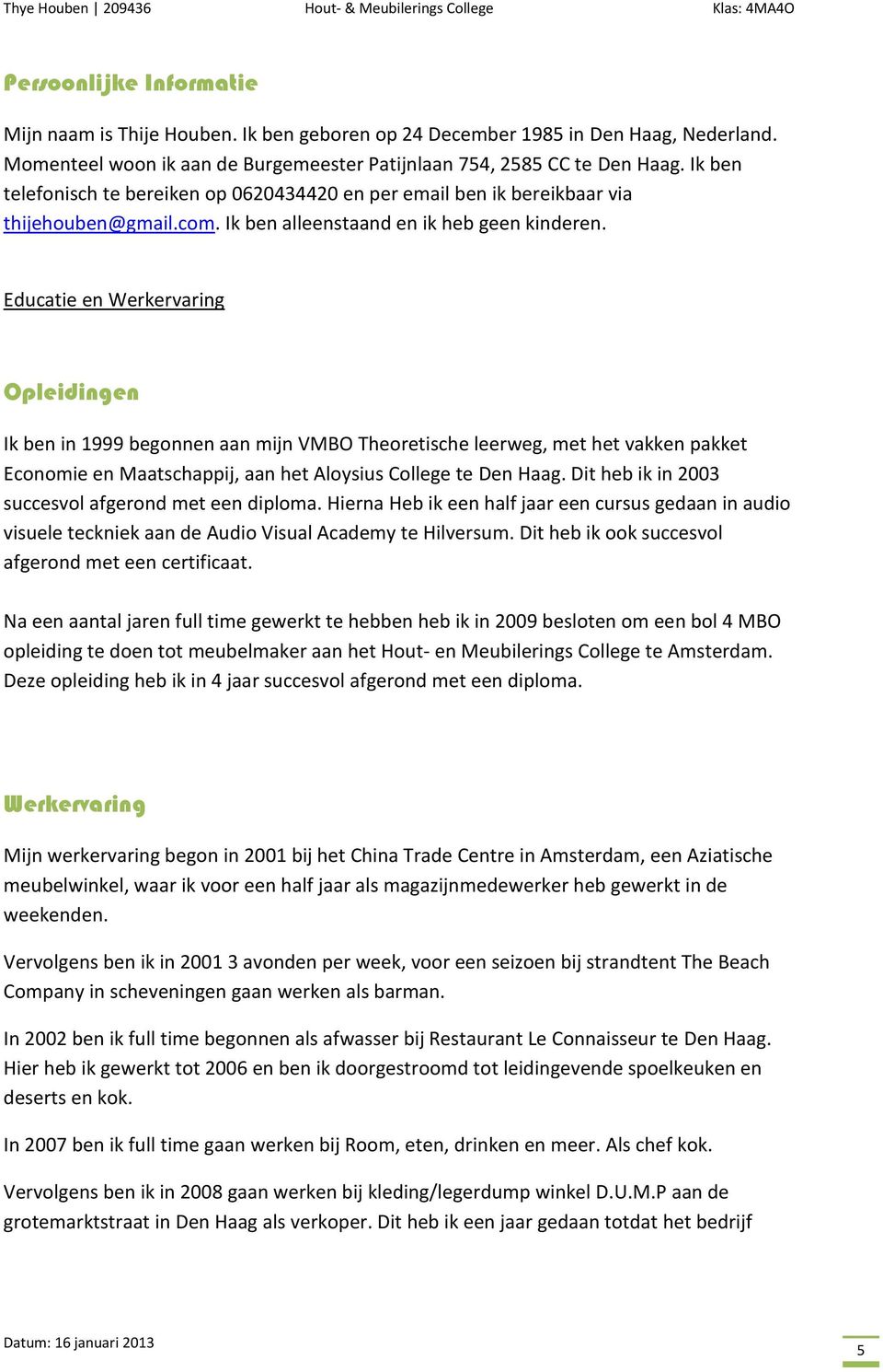 Educatie en Werkervaring Opleidingen Ik ben in 1999 begonnen aan mijn VMBO Theoretische leerweg, met het vakken pakket Economie en Maatschappij, aan het Aloysius College te Den Haag.