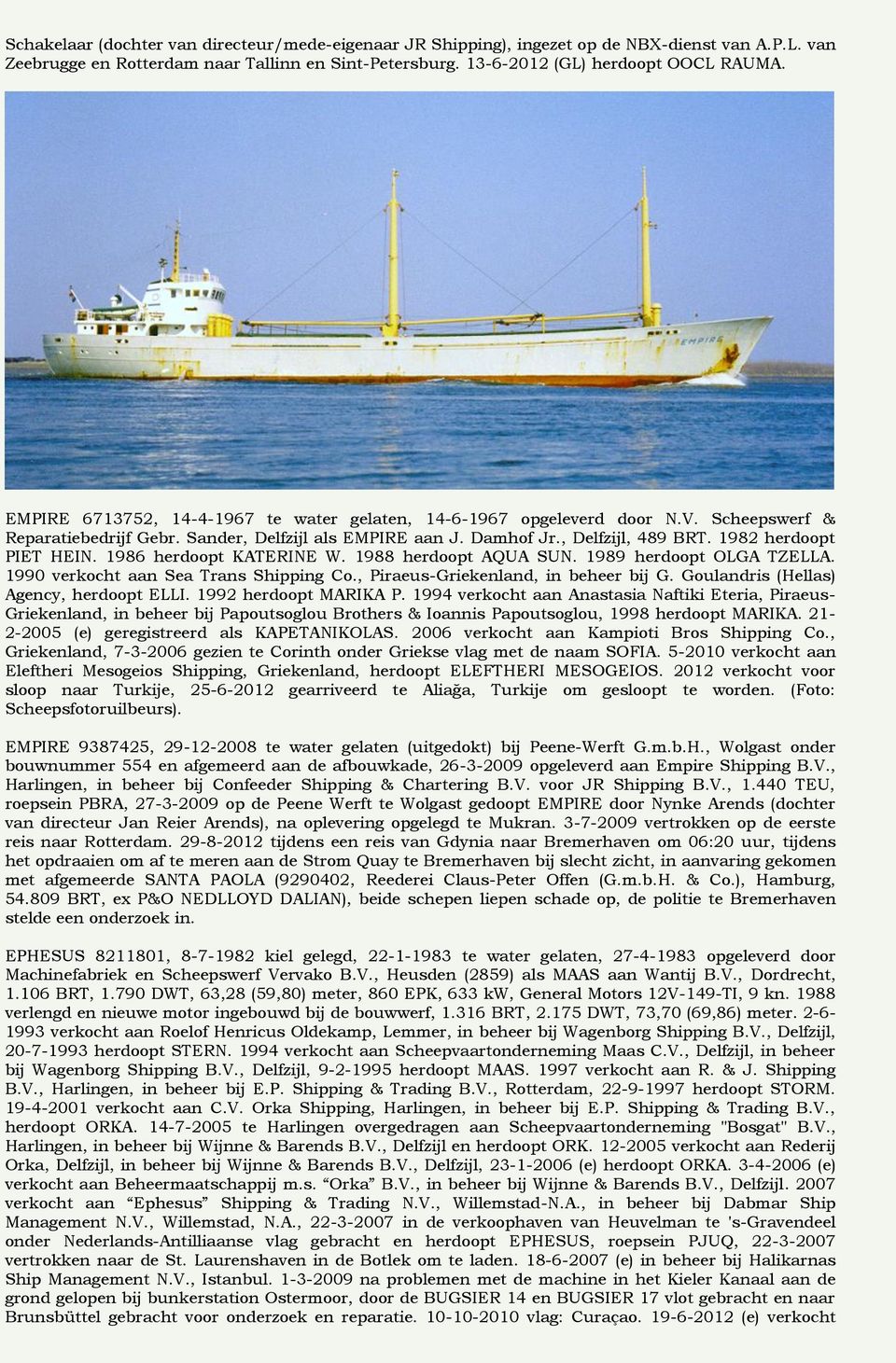 1982 herdoopt PIET HEIN. 1986 herdoopt KATERINE W. 1988 herdoopt AQUA SUN. 1989 herdoopt OLGA TZELLA. 1990 verkocht aan Sea Trans Shipping Co., Piraeus-Griekenland, in beheer bij G.