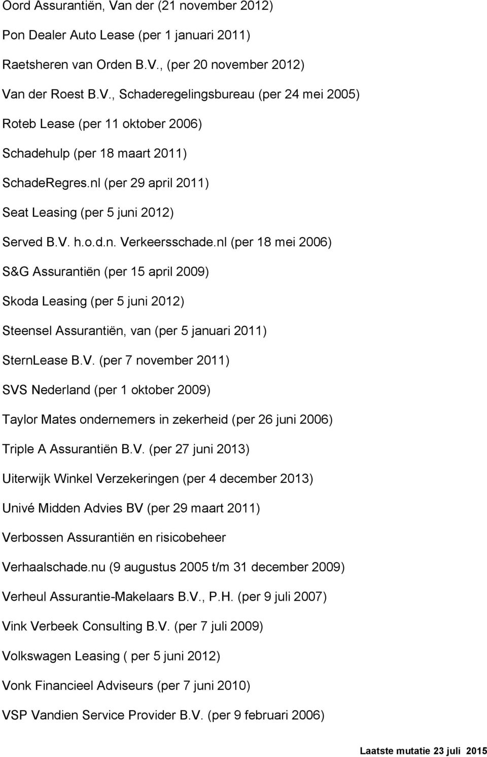 nl (per 18 mei 2006) S&G Assurantiën (per 15 april 2009) Skoda Leasing (per 5 juni 2012) Steensel Assurantiën, van (per 5 januari 2011) SternLease B.V.