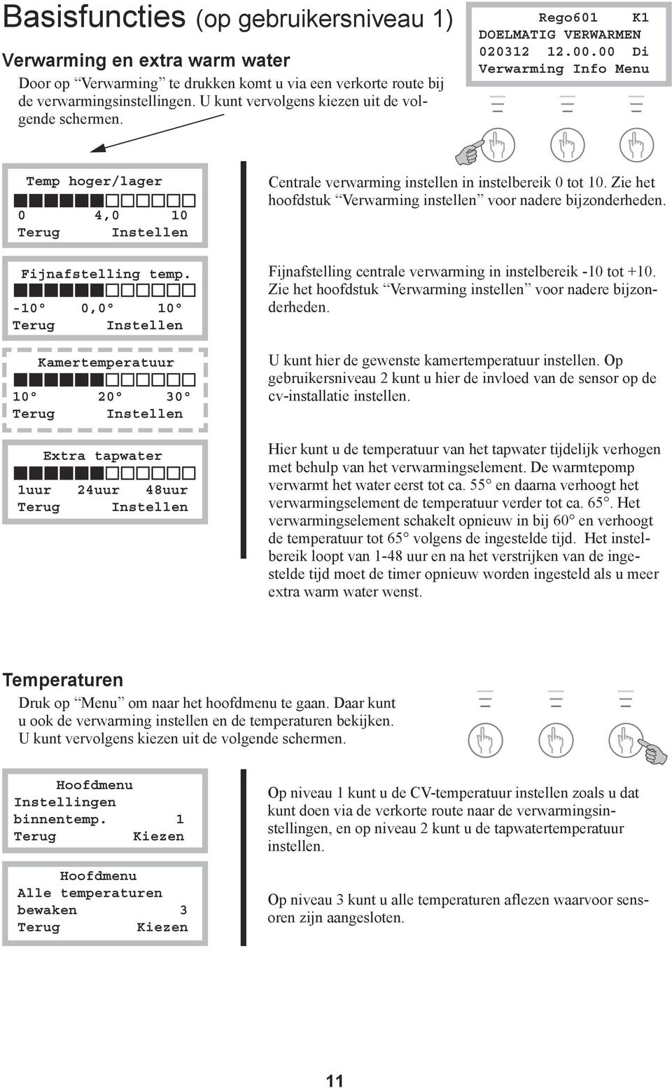 -10 0,0 10 Instellen Kamertemperatuur 10 20 30 Instellen Extra tapwater 1uur 24uur 48uur Instellen Centrale verwarming instellen in instelbereik 0 tot 10.