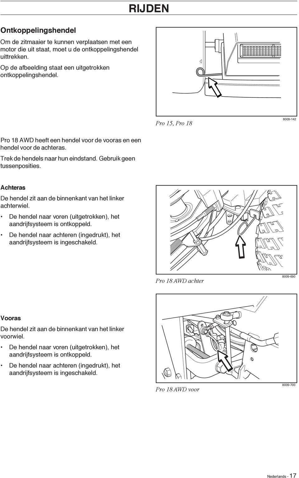 Achteras De hendel zit aan de binnenkant van het linker achterwiel. De hendel naar voren (uitgetrokken), het aandrijfsysteem is ontkoppeld.