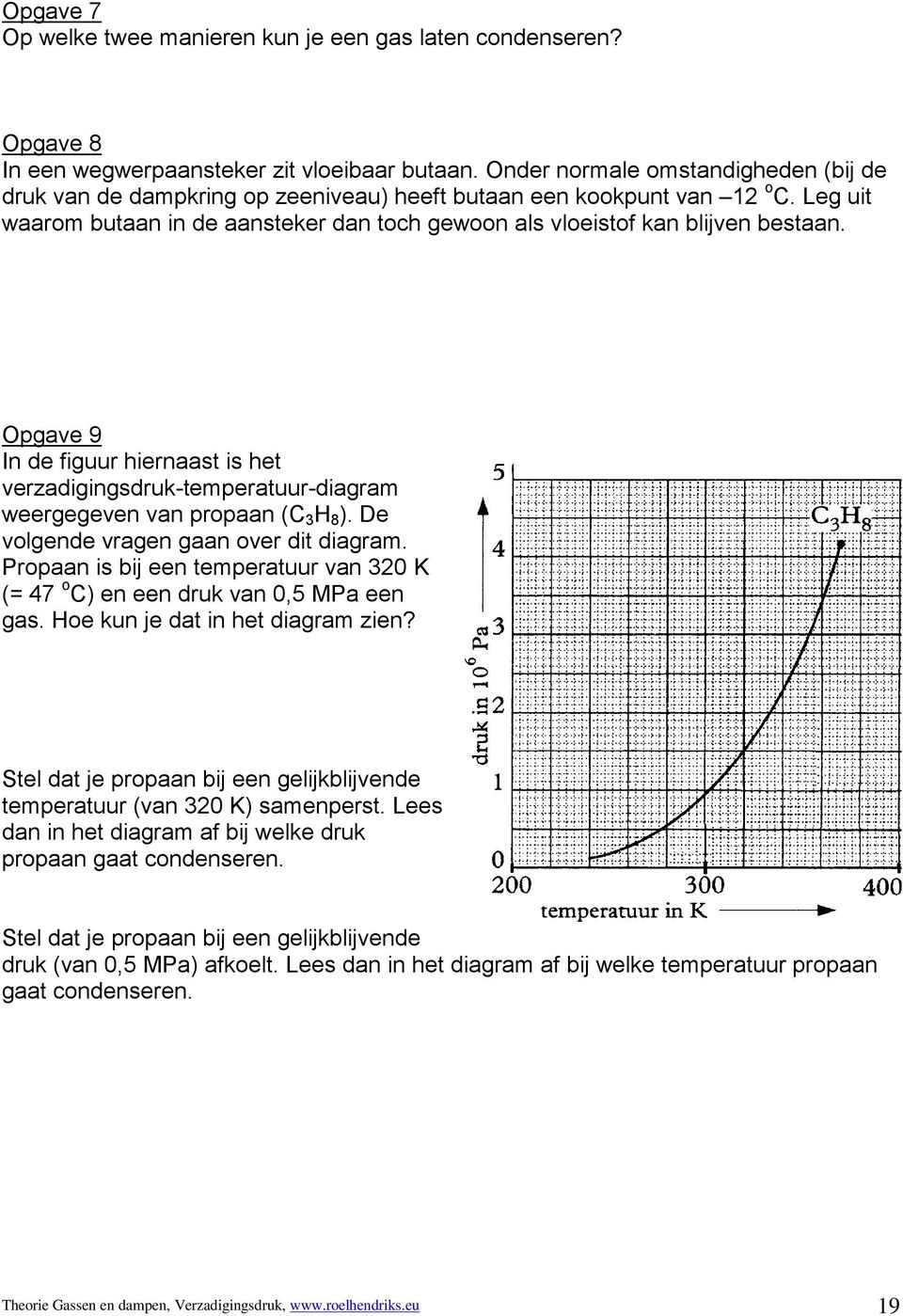 Opgave 9 In de figuur hiernaast is het verzadigingsdruk-temperatuur-diagram weergegeven van propaan (C 3 H 8 ). De volgende vragen gaan over dit diagram.