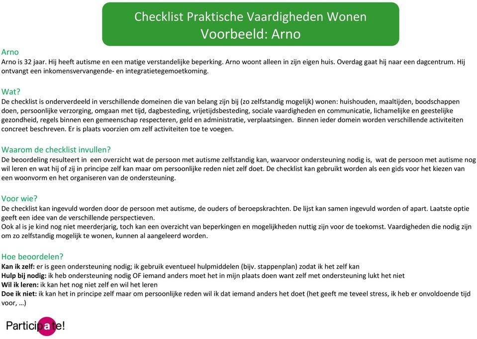 De checklist is onderverdeeld in verschillende domeinen die van belang zijn bij (zo zelfstandig mogelijk) wonen: huishouden, maaltijden, boodschappen doen, persoonlijke verzorging, omgaan met tijd,