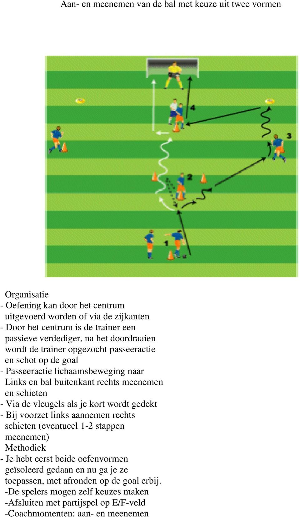 en schieten - Via de vleugels als je kort wordt gedekt - Bij voorzet links aannemen rechts schieten (eventueel 1-2 stappen meenemen) Methodiek - Je hebt eerst beide oefenvormen