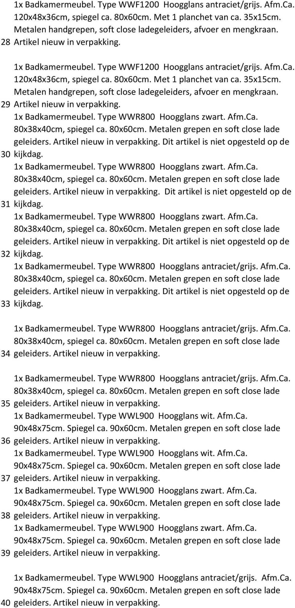 Artikel nieuw in Dit artikel is niet opgesteld op de 30 kijkdag. 1x Badkamermeubel. Type WWR800 Hoogglans zwart. Afm.Ca. 80x38x40cm, spiegel ca. 80x60cm. Metalen grepen en soft close lade geleiders.