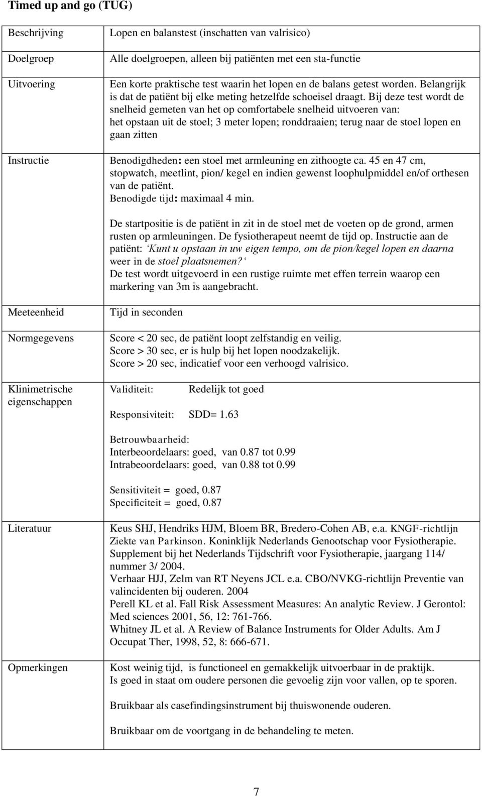 Bij deze test wordt de snelheid gemeten van het op comfortabele snelheid uitvoeren van: het opstaan uit de stoel; 3 meter lopen; ronddraaien; terug naar de stoel lopen en gaan zitten Benodigdheden: