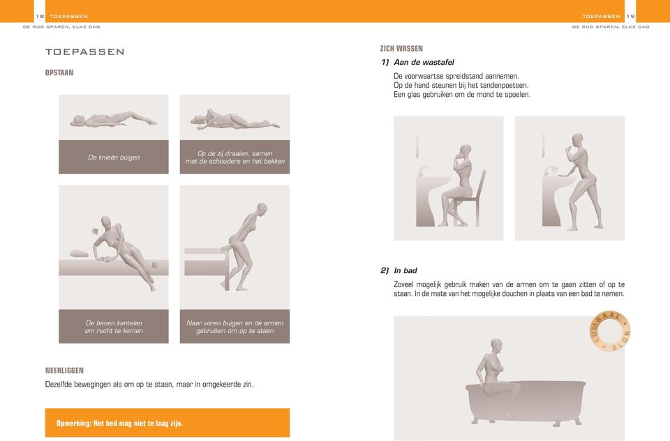 De knieën buigen Op de zij draaien, samen met de schouders en het bekken 2) In bad Zoveel mogelijk gebruik maken van de armen om te gaan zitten of op te