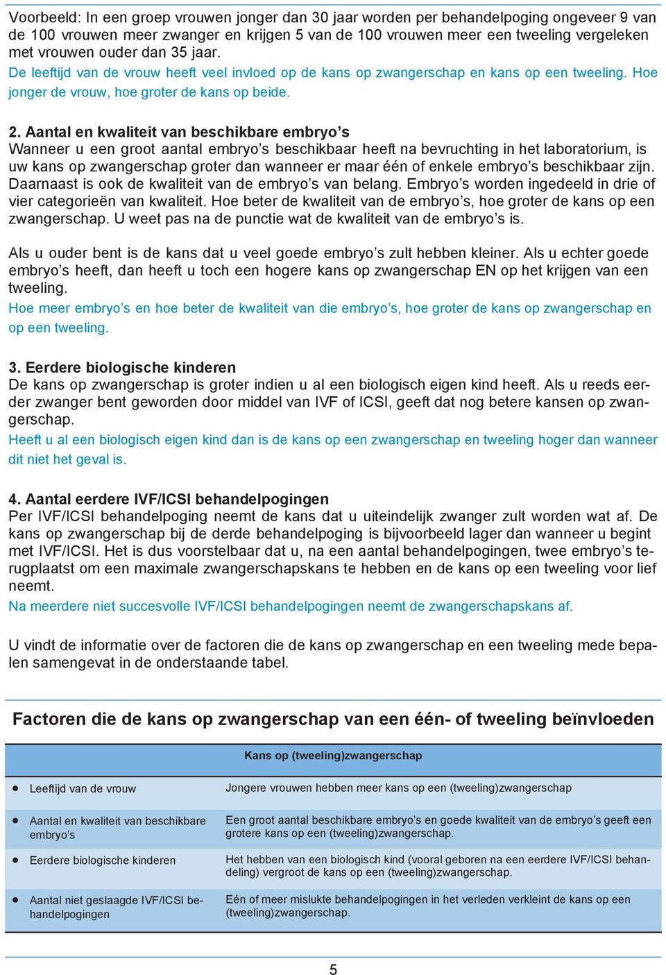 Aantal en kwaliteit van beschikbare embryo s Wanneer u een groot aantal embryo s beschikbaar heeft na bevruchting in het laboratorium, is uw kans op zwangerschap groter dan wanneer er maar één of