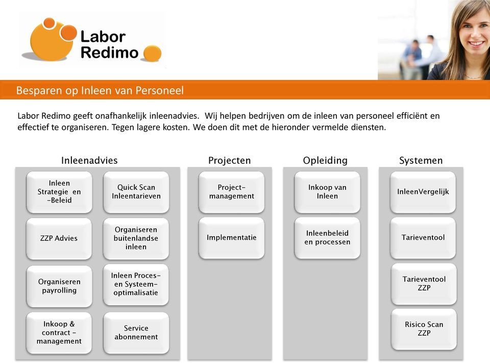 Inleenadvies Projecten Opleiding Systemen Inleen Strategie en -Beleid Quick Scan Inleentarieven Projectmanagement Inkoop van Inleen InleenVergelijk