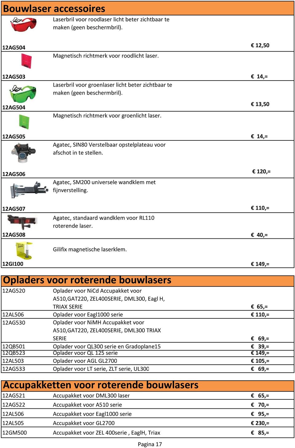 13,50 12AG505 14,= Agatec, SIN80 Verstelbaar opstelplateau voor afschot in te stellen. 12AG506 Agatec, SM200 universele wandklem met fijnverstelling.