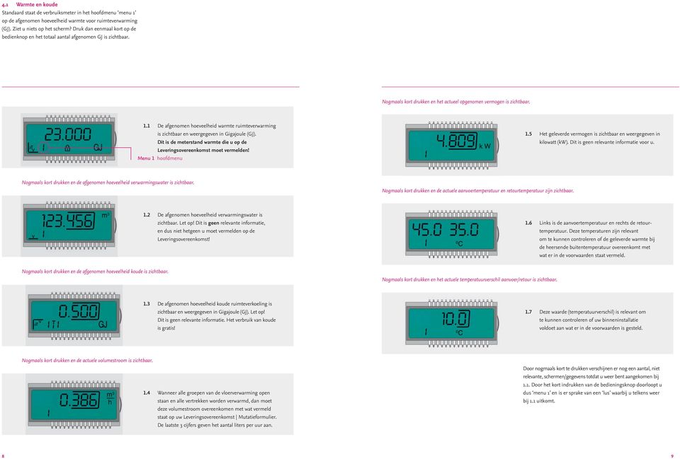 1 De afgenomen hoeveelheid warmte ruimteverwarming is zichtbaar en weergegeven in Gigajoule (GJ). Dit is de meterstand warmte die u op de Leveringsovereenkomst moet vermelden! Menu 1 hoofdmenu 1.