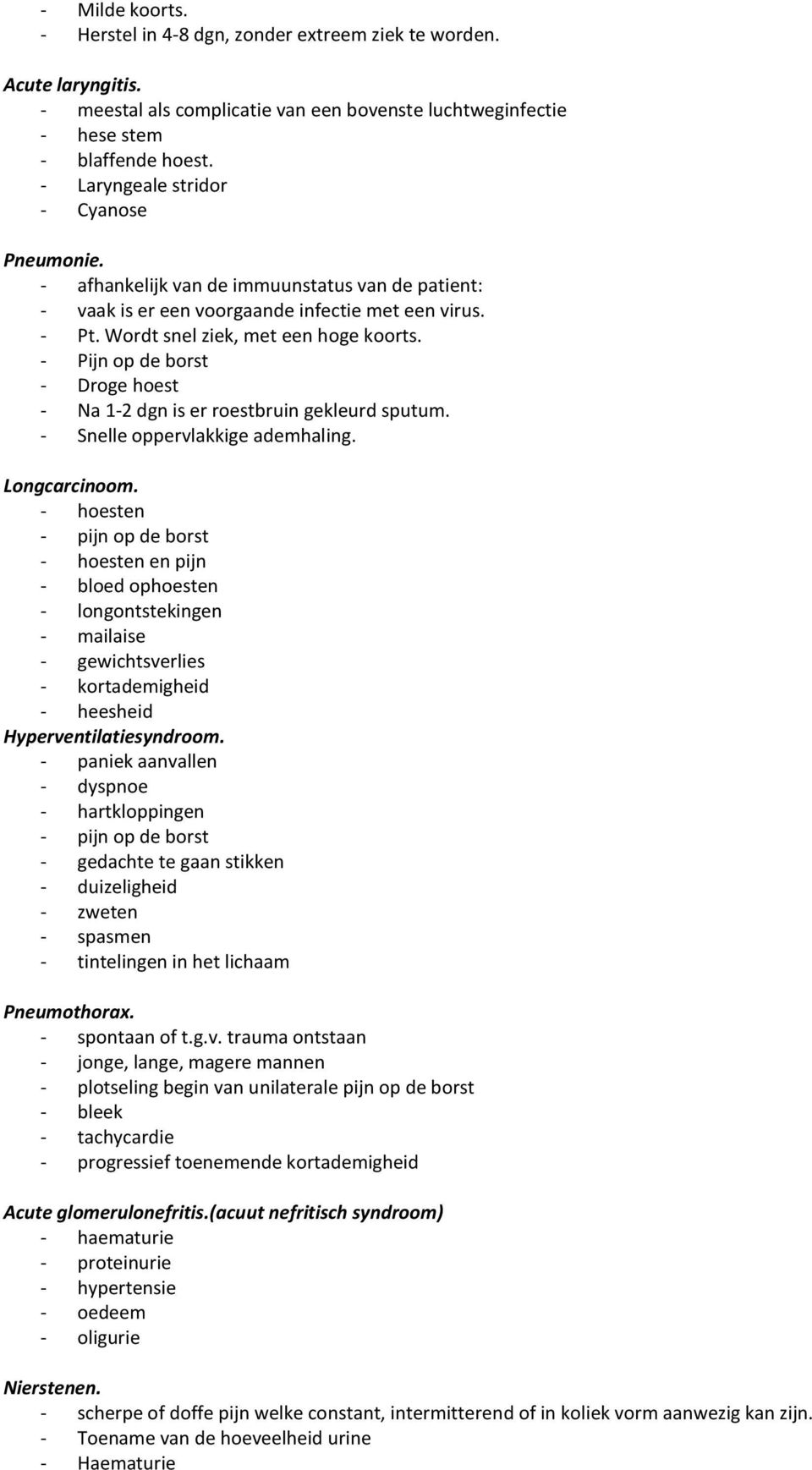 - Pijn op de borst - Droge hoest - Na 1-2 dgn is er roestbruin gekleurd sputum. - Snelle oppervlakkige ademhaling. Longcarcinoom.