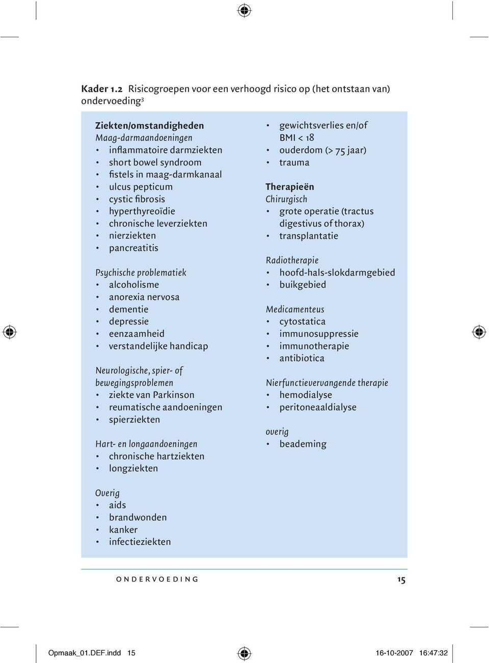 ulcus pepticum cystic fibrosis hyperthyreoïdie chronische leverziekten nierziekten pancreatitis Psychische problematiek alcoholisme anorexia nervosa dementie depressie eenzaamheid verstandelijke