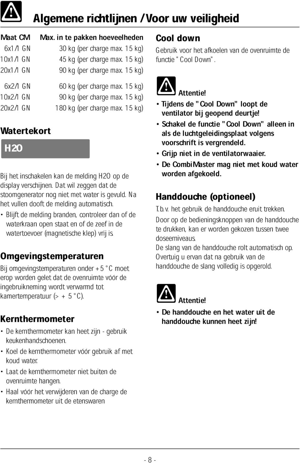 15 kg) Watertekort H2O Algemene richtlijnen / Voor uw veiligheid Bij het inschakelen kan de melding H2O op de display verschijnen.dat wil zeggen dat de stoomgenerator nog niet met water is gevuld.