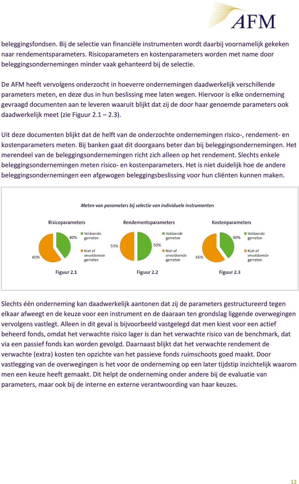 De AFM heeft vervolgens onderzocht in hoeverre ondernemingen daadwerkelijk verschillende parameters meten, en deze dus in hun beslissing mee laten wegen.