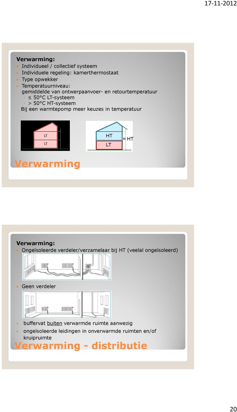 temperatuur = LT HT LT = HT Verwarming Verwarming: Ongeïsoleerde verdeler/verzamelaar bij HT (veelal ongeïsoleerd) Geen