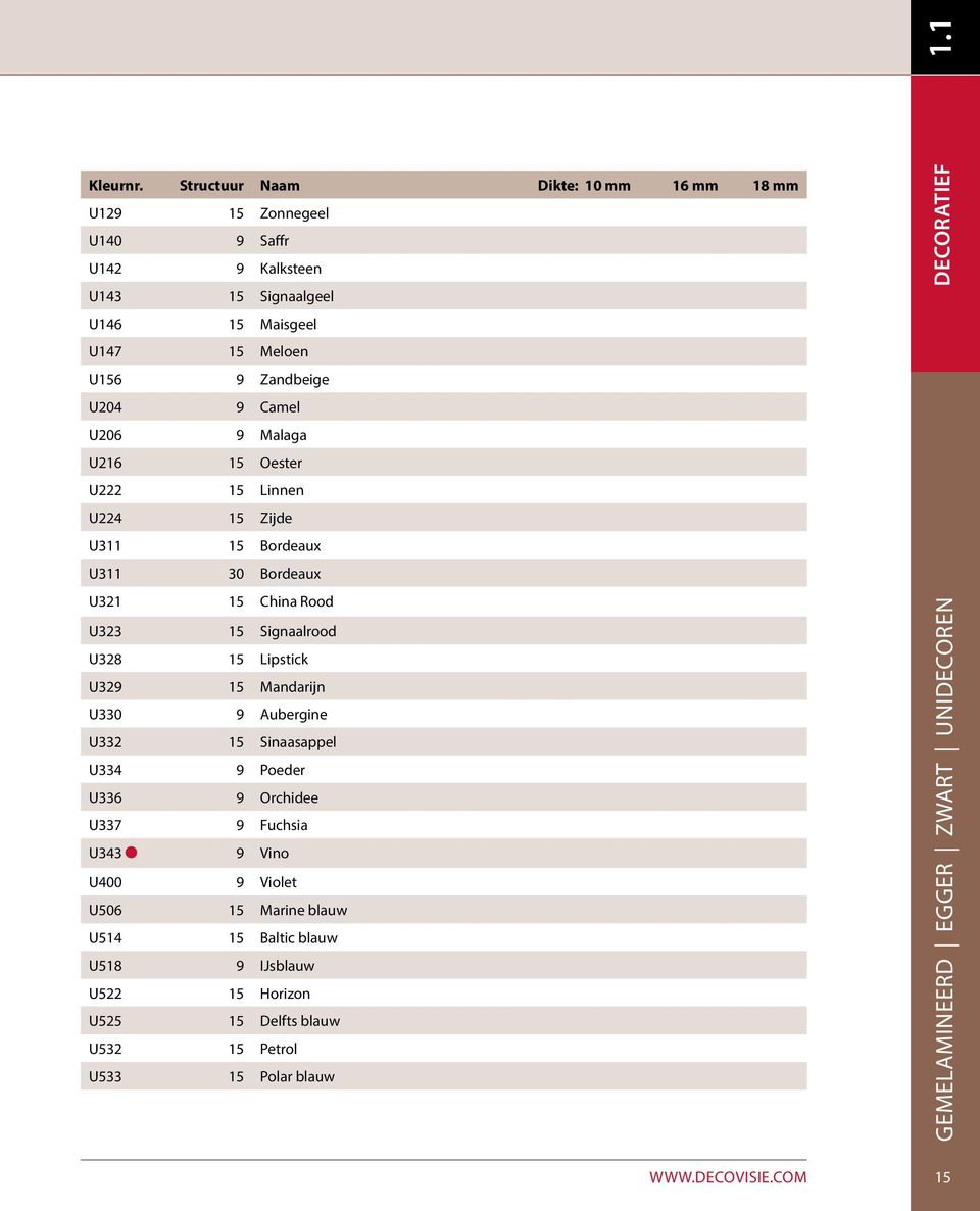 U204 9 Camel U206 9 Malaga U216 15 Oester U222 15 Linnen U224 15 Zijde U311 15 Bordeaux U311 30 Bordeaux U321 15 China Rood U323 15 Signaalrood U328 15