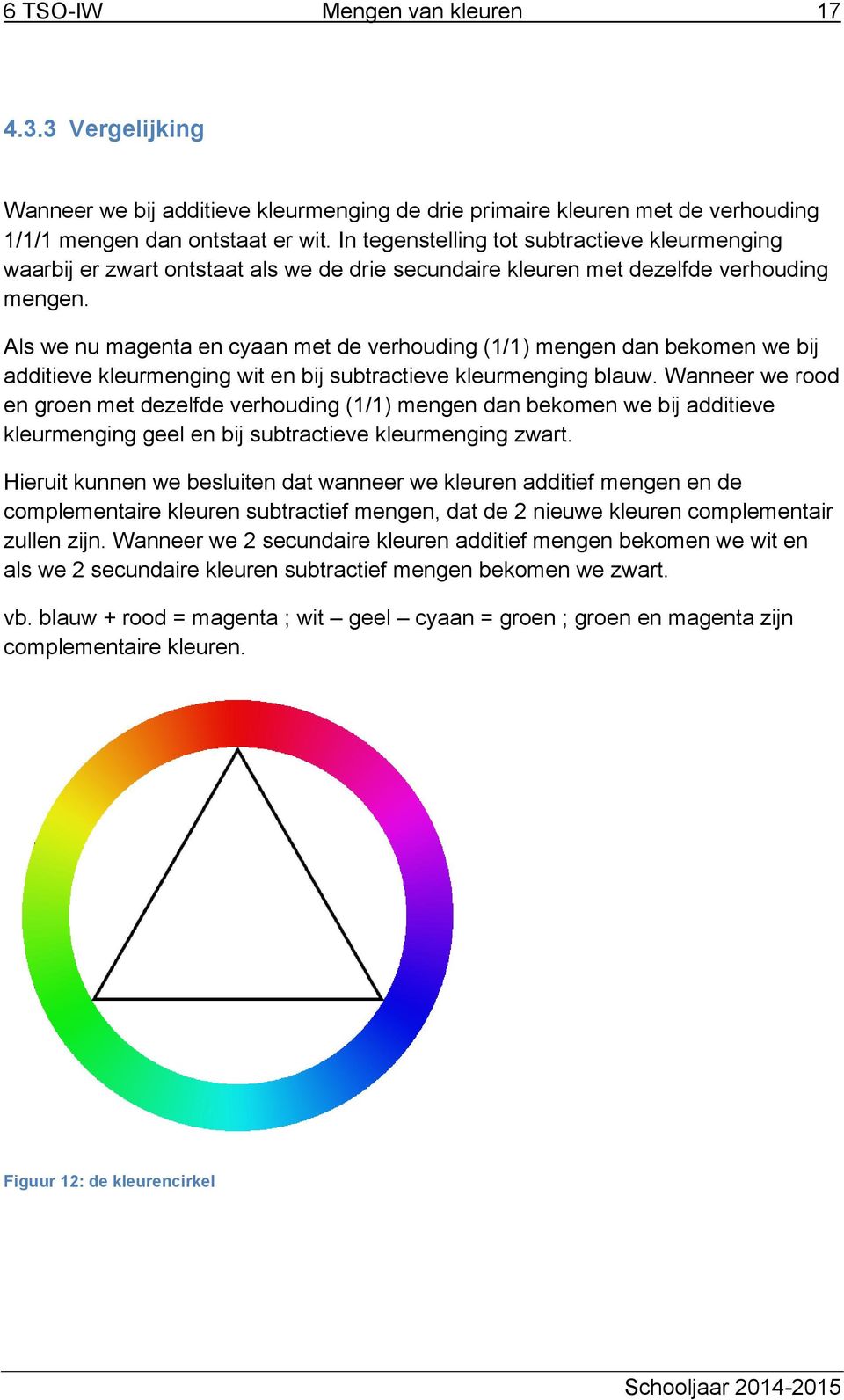 Als we nu magenta en cyaan met de verhouding (1/1) mengen dan bekomen we bij additieve kleurmenging wit en bij subtractieve kleurmenging blauw.