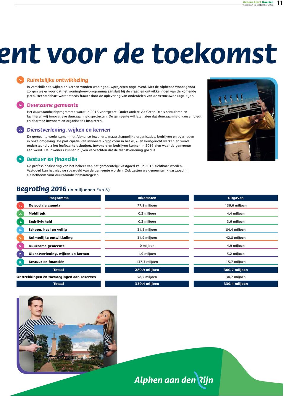 Het stadshart wordt steeds fraaier door de oplevering van onderdelen van de vernieuwde Lage Zijde. Duurzame gemeente Het duurzaamheidsprogramma wordt in 2016 voortgezet.