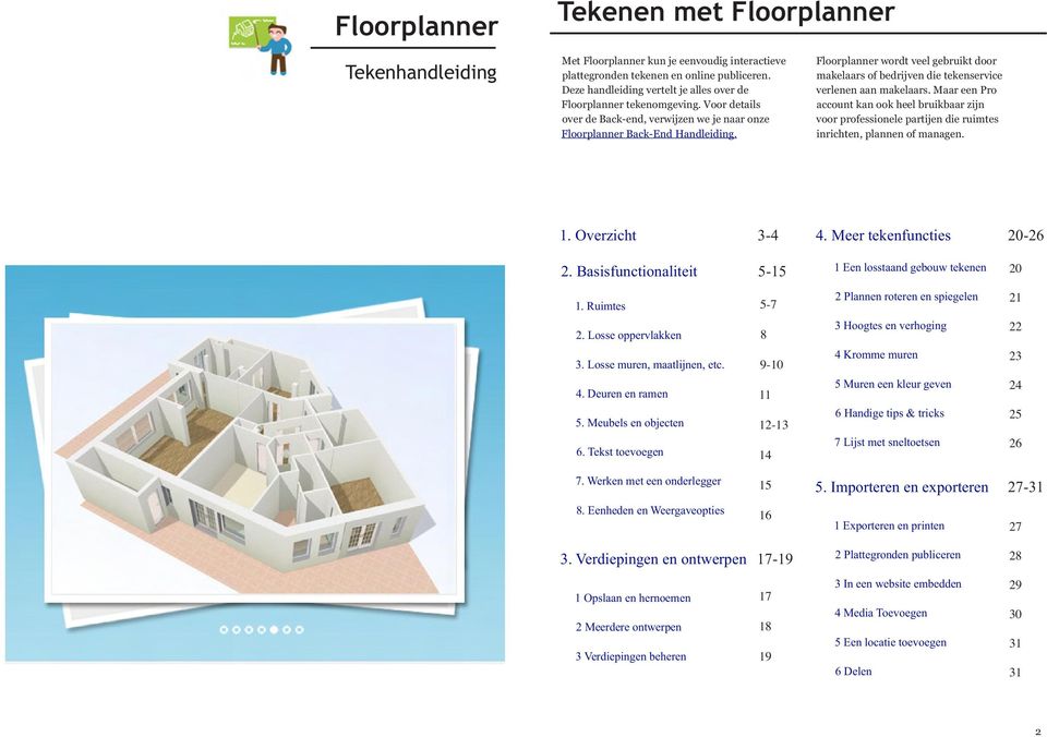 Maar een Pro account kan ook heel bruikbaar zijn voor professionele partijen die ruimtes inrichten, plannen of managen. 1. Overzicht 3-4 4. Meer tekenfuncties 20-26 2.