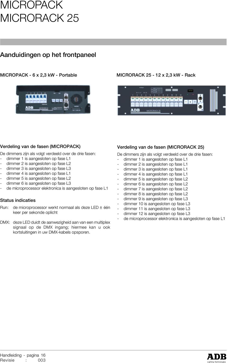 fase L3 - de microprocessor elektronica is aangesloten op fase L1 Status indicaties Run: de microprocessor werkt normaal als deze LED ± één keer per sekonde oplicht DMX: deze LED duidt de