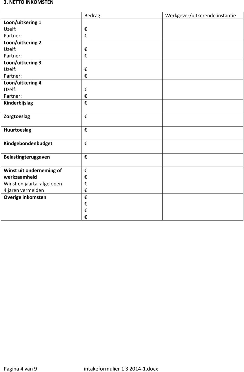 Werkgever/uitkerende instantie Zorgtoeslag Huurtoeslag Kindgebondenbudget Belastingteruggaven