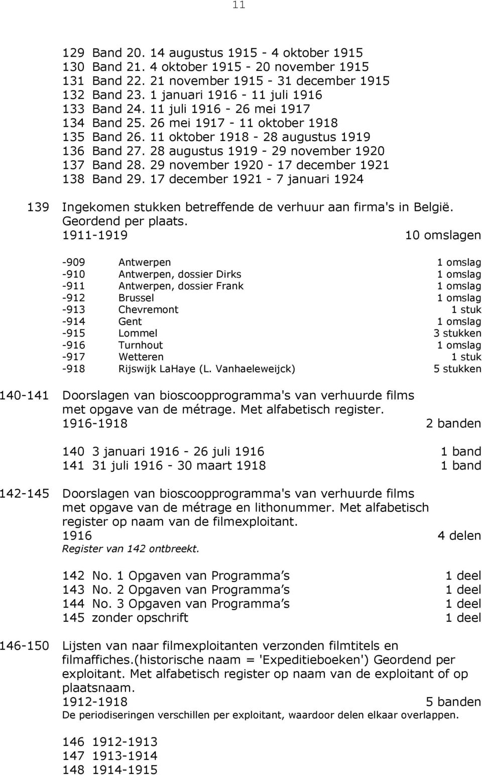 29 november 1920-17 december 1921 138 Band 29. 17 december 1921-7 januari 1924 139 Ingekomen stukken betreffende de verhuur aan firma's in België. Geordend per plaats.