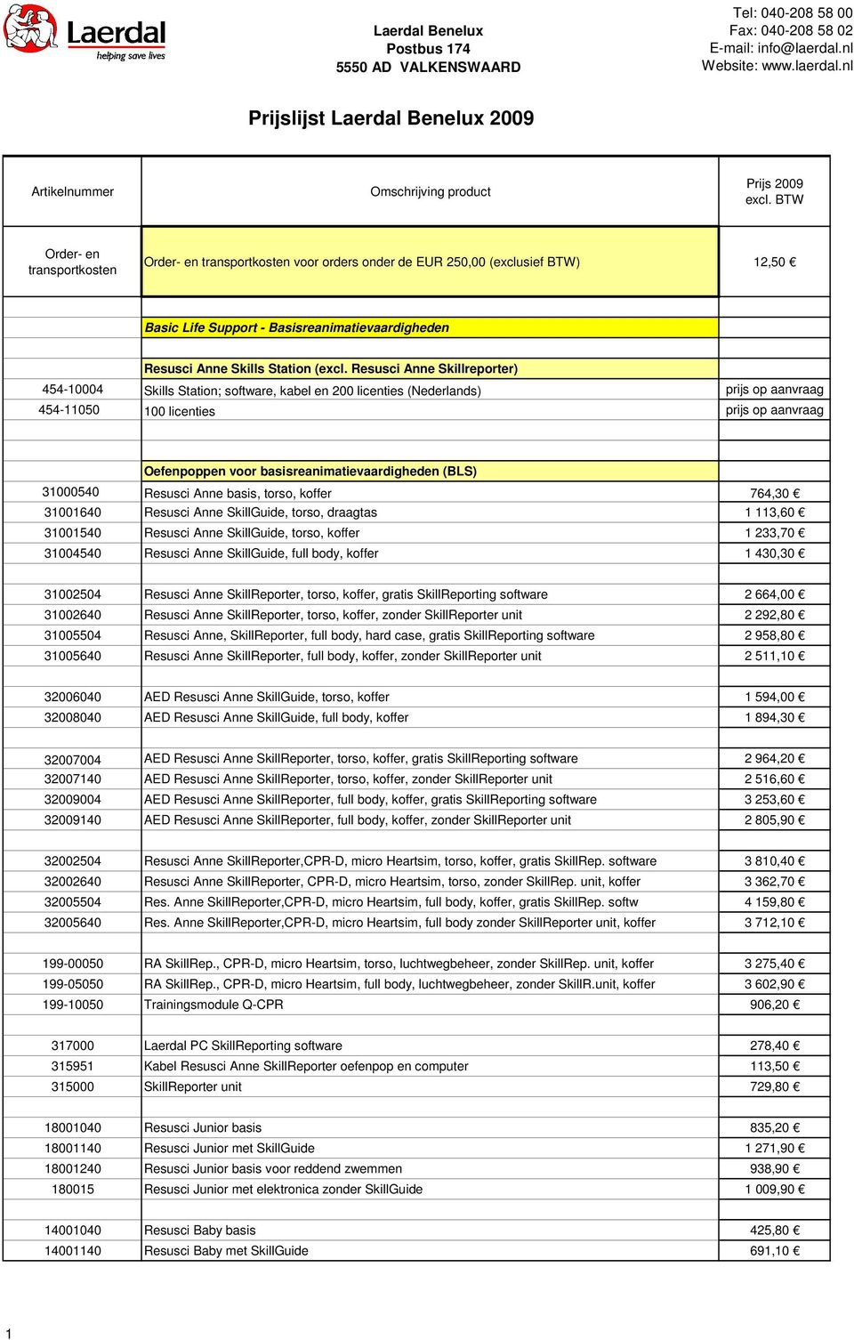 Resusci Anne Skillreporter) 454-10004 Skills Station; software, kabel en 200 licenties (Nederlands) prijs op aanvraag 454-11050 100 licenties prijs op aanvraag Oefenpoppen voor