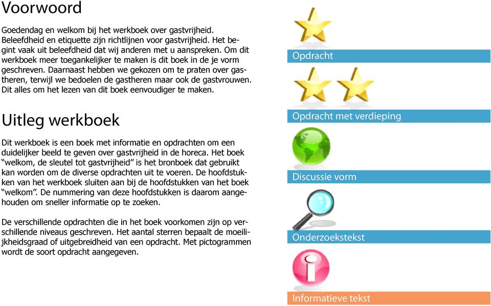 Dit alles om het lezen van dit boek eenvoudiger te maken. Uitleg werkboek Dit werkboek is een boek met informatie en opdrachten om een duidelijker beeld te geven over gastvrijheid in de horeca.