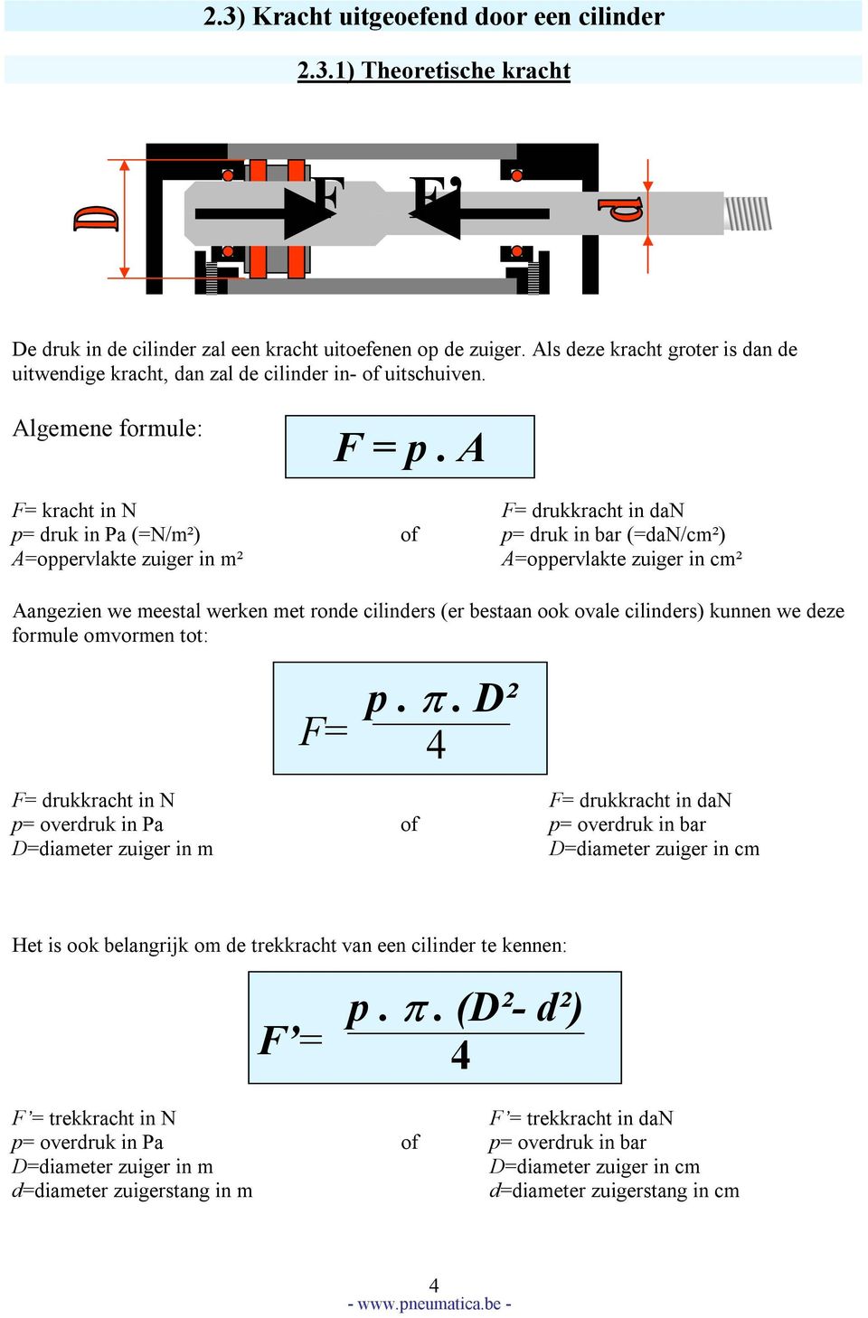 A of F= drukkracht in dan p= druk in bar (=dan/cm²) A=oppervlakte zuiger in cm² Aangezien we meestal werken met ronde cilinders (er bestaan ook ovale cilinders) kunnen we deze formule omvormen tot: