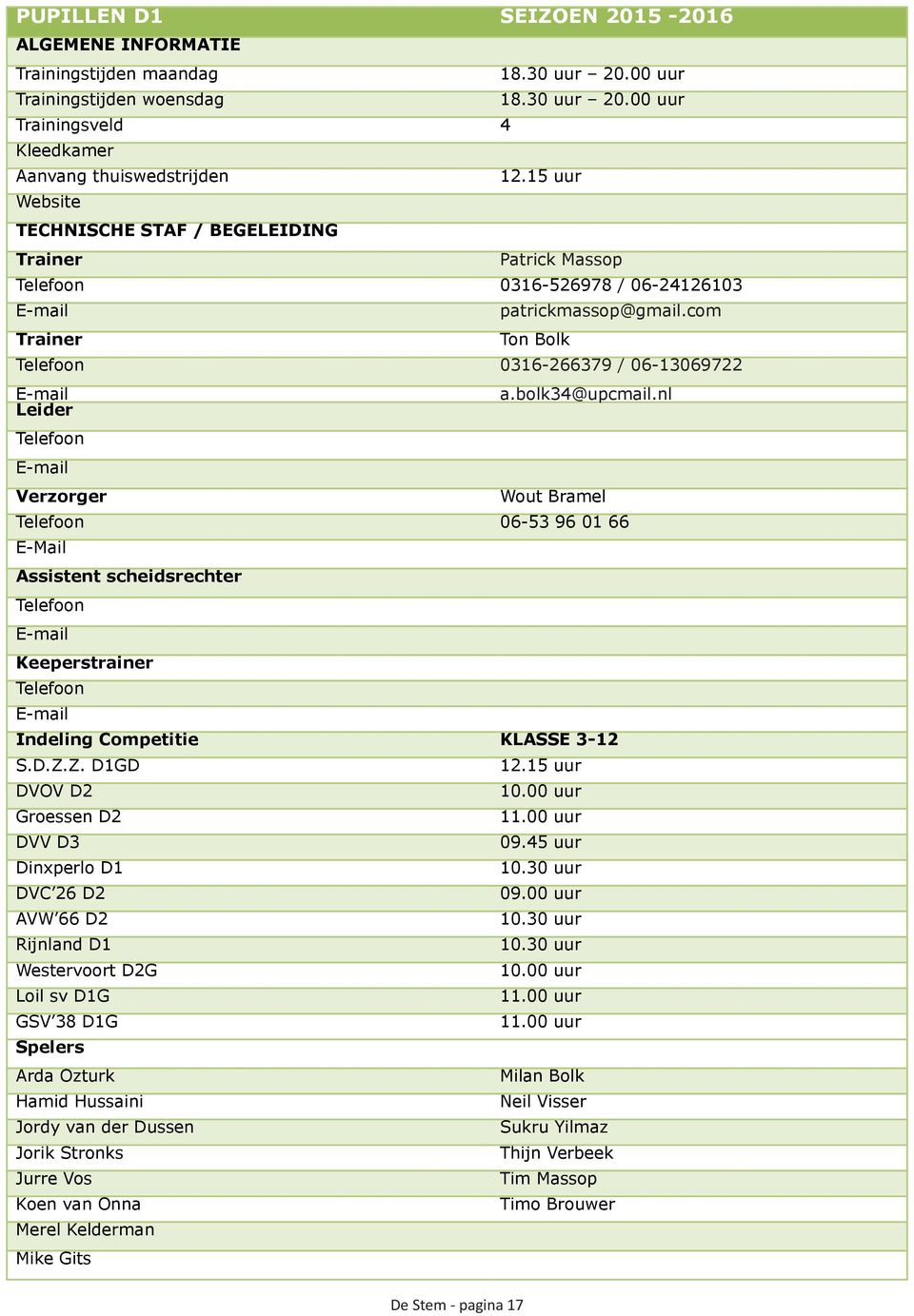 bolk34@upcmail.nl Telefoon Verzorger Wout Bramel Telefoon 06-53 96 01 66 E-Mail Assistent scheidsrechter Telefoon Keeperstrainer Telefoon Indeling Competitie KLASSE 3-12 S.D.Z.Z. D1GD 12.