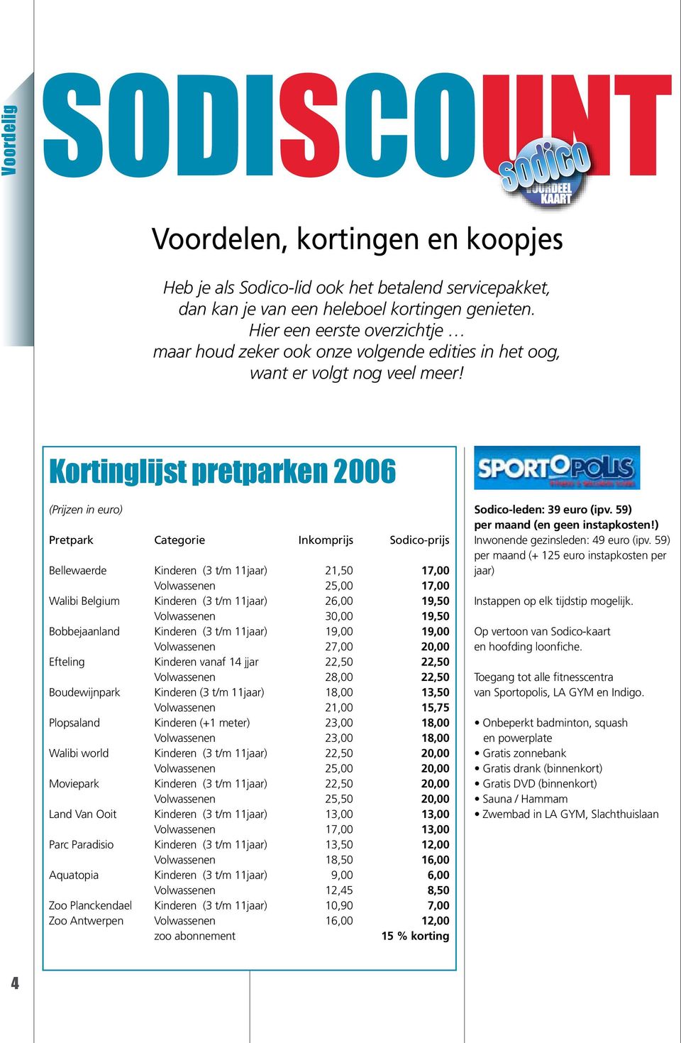 Kortinglijst pretparken 2006 (Prijzen in euro) Pretpark Categorie Inkomprijs Sodico-prijs Bellewaerde Kinderen (3 t/m 11jaar) 21,50 17,00 Volwassenen 25,00 17,00 Walibi Belgium Kinderen (3 t/m