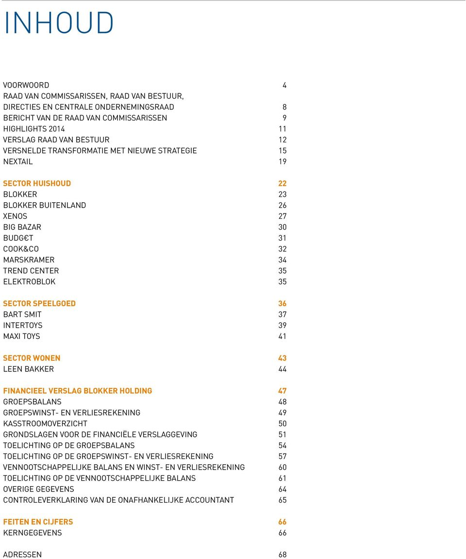 sector speelgoed 36 bart smit 37 intertoys 39 maxi toys 41 sector wonen 43 leen bakker 44 financieel verslag blokker holding 47 groepsbalans 48 groepswinst- en verliesrekening 49 kasstroomoverzicht