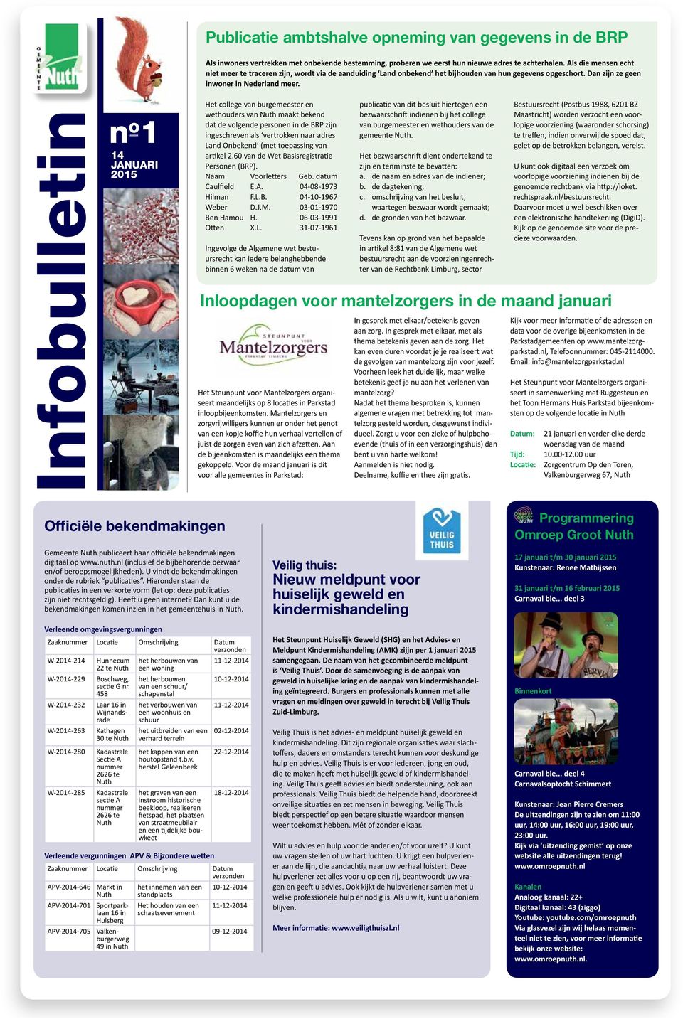 Infobulletin n o 1 14 JAUARI 2015 Het college van burgemeester en wethouders van uth maakt bekend dat de volgende personen in de BRP zijn ingeschreven als vertrokken naar adres Land Onbekend (met