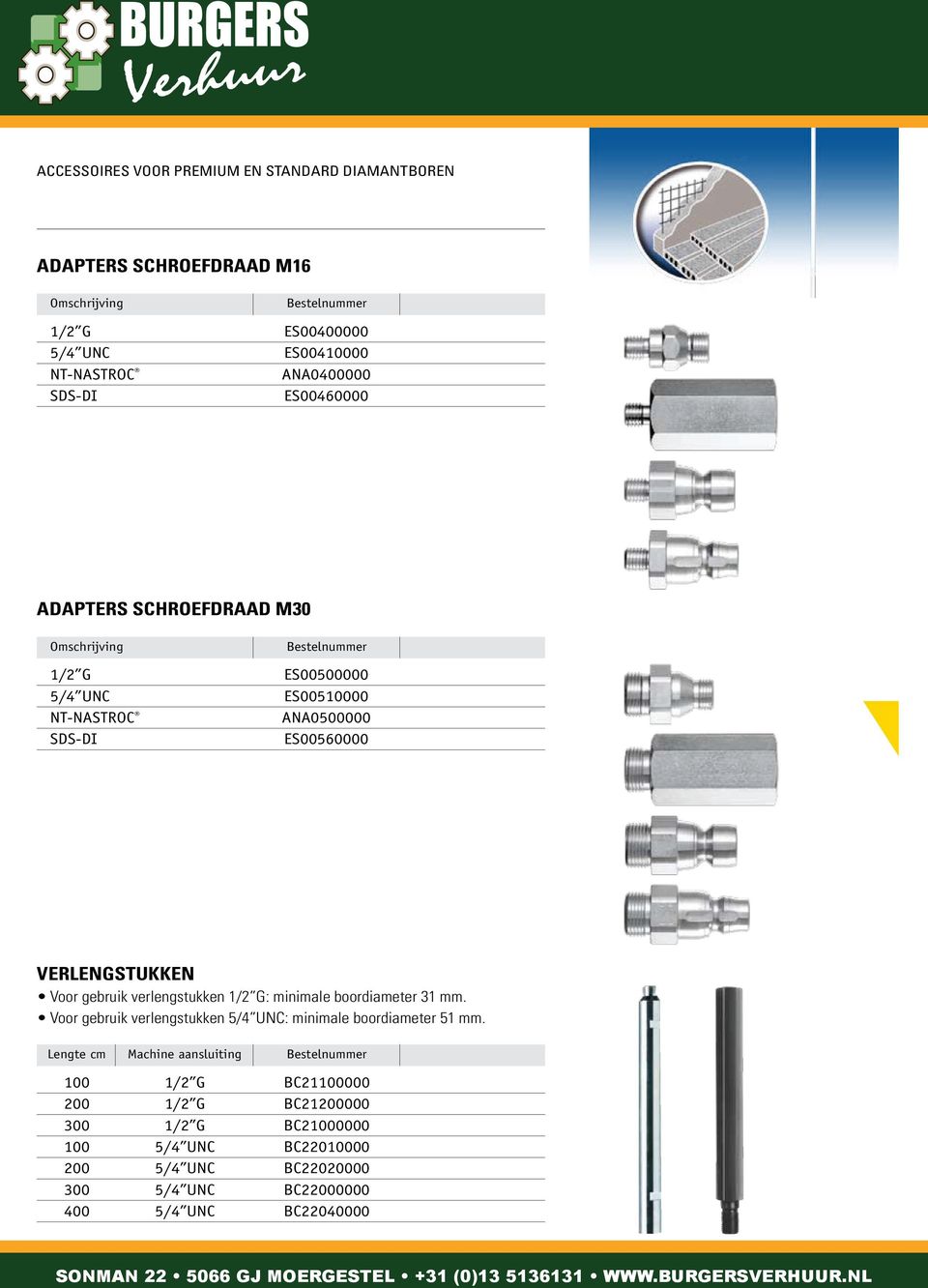 Voor gebruik verlengstukken 1/2 G: minimale boordiameter 31 mm. Voor gebruik verlengstukken 5/4 UNC: minimale boordiameter 51 mm.