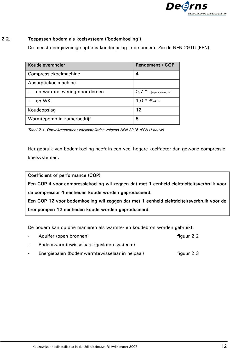 1. Opwekrendement koelinstallaties volgens NEN 2916 (EPN U-bouw) Het gebruik van bodemkoeling heeft in een veel hogere koelfactor dan gewone compressie koelsystemen.