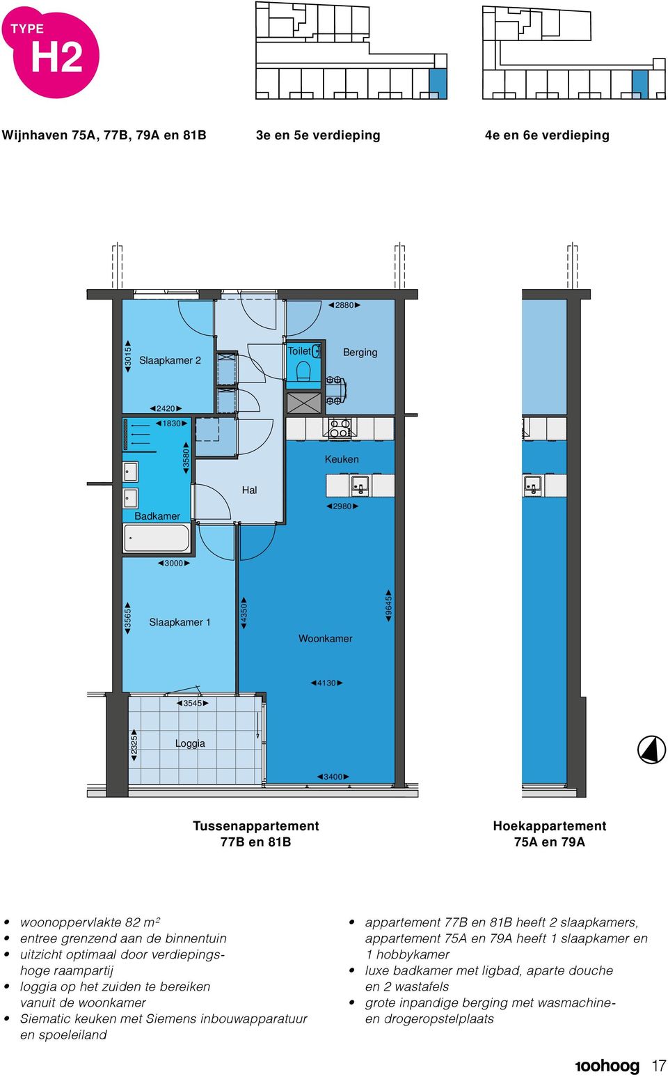 door verdiepings - hoge raampartij loggia op het zuiden te bereiken vanuit de woonkamer Siematic keuken met Siemens inbouwapparatuur en spoeleiland appartement 77