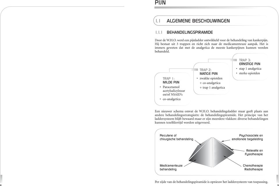 TRAP 1: MILDE PIJN Paracetamol acetylsalicylzuur en/of NSAID s co-analgetica TRAP 2: MATIGE PIJN zwakke opioïden + co-analgetica + trap 1 analgetica TRAP 3: ERNSTIGE PIJN stap 1 analgetica sterke