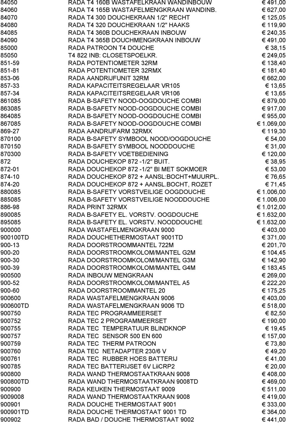 85000 RADA PATROON T4 DOUCHE 38,15 85050 T4 822 INB: CLOSETSPOELKR.