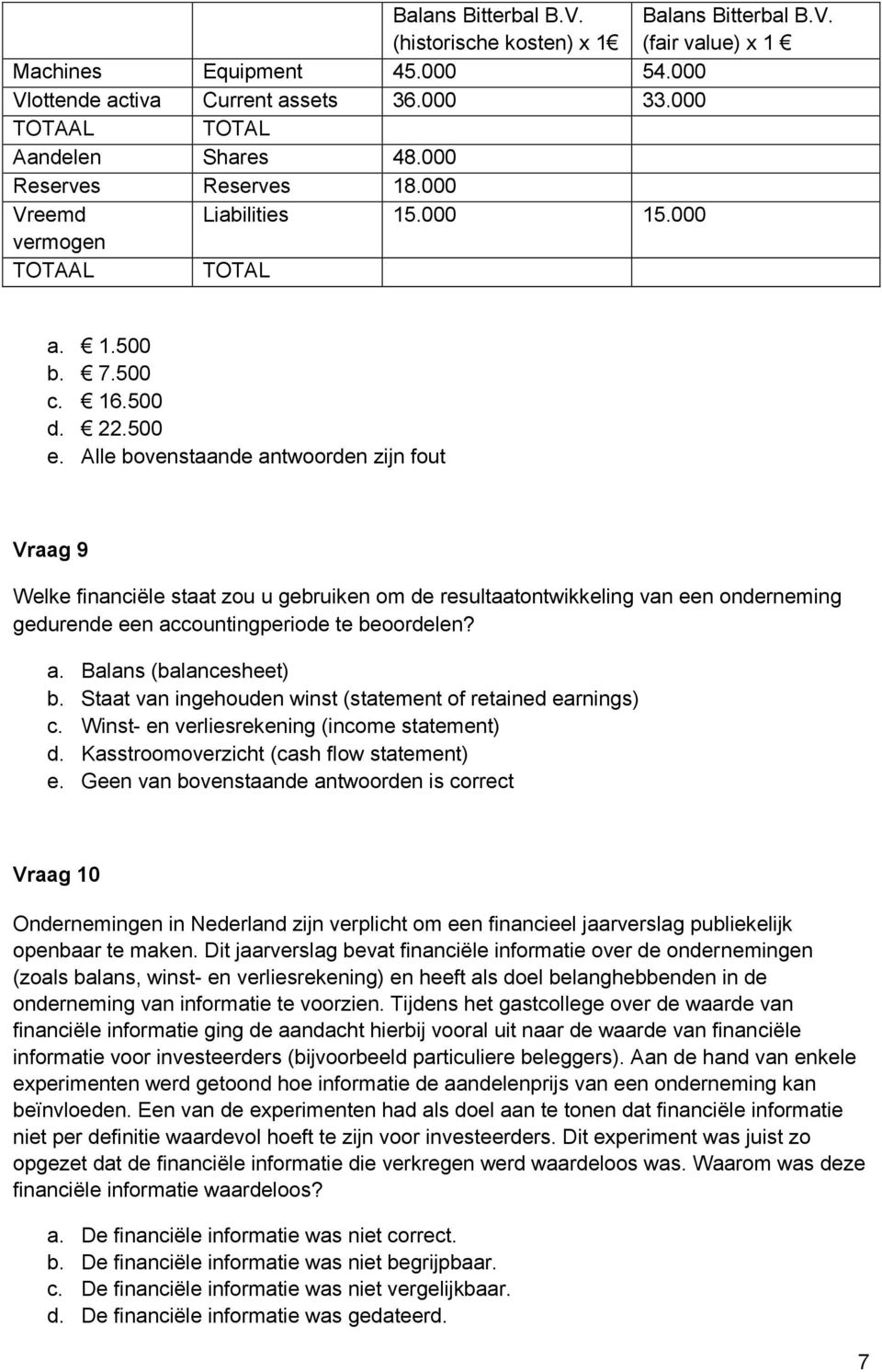 500 Vraag 9 Welke financiële staat zou u gebruiken om de resultaatontwikkeling van een onderneming gedurende een accountingperiode te beoordelen? a. Balans (balancesheet) b.