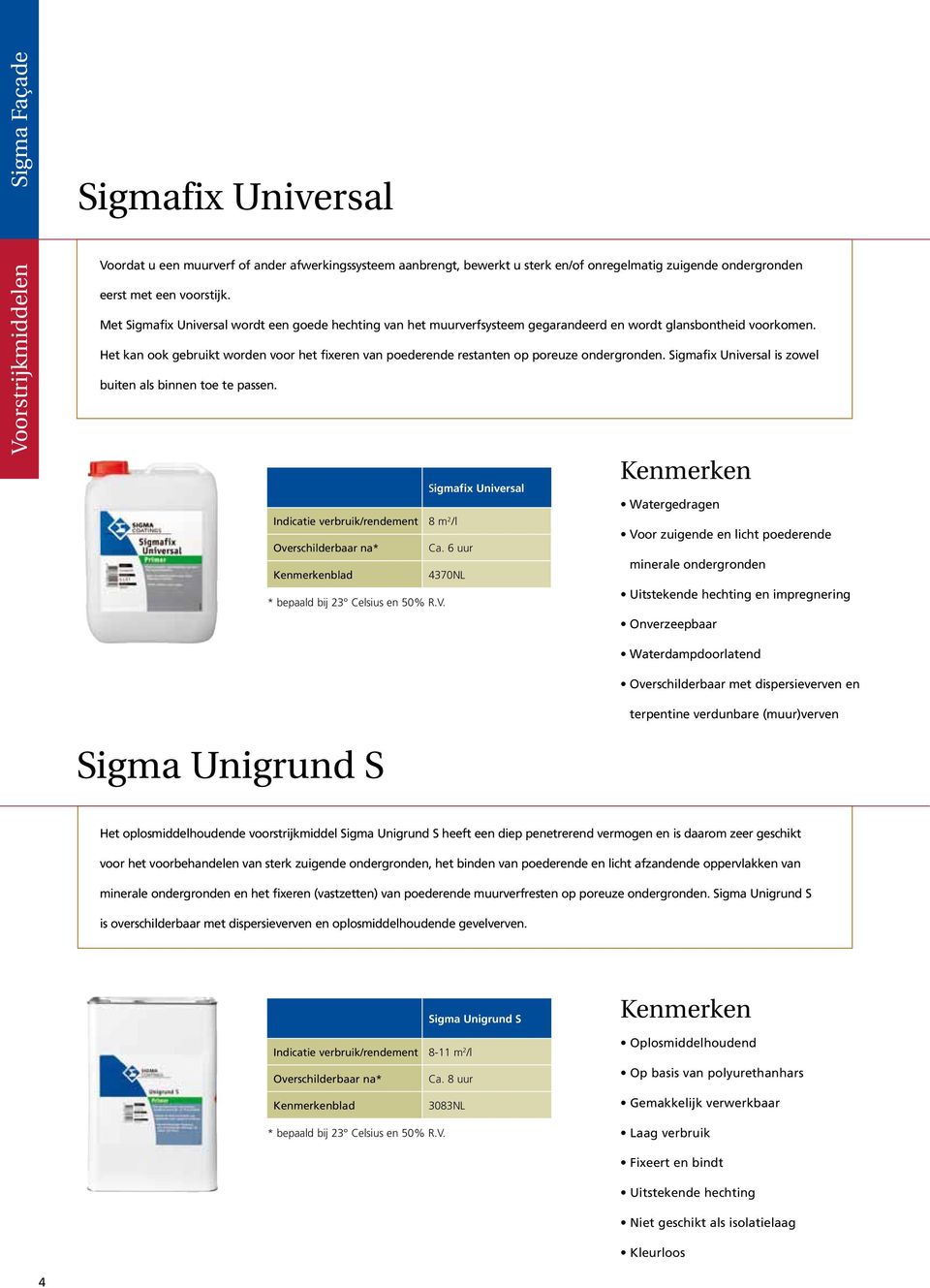 Het kan ook gebruikt worden voor het fixeren van poederende restanten op poreuze ondergronden. Sigmafix Universal is zowel buiten als binnen toe te passen.