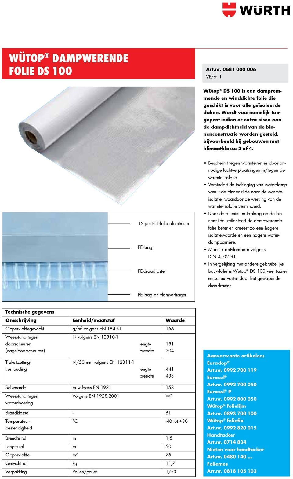 12 µm PET-folie aluminium PE-laag PE-draadraster PE-laag en vlamvertrager Beschermt tegen warmteverlies door onnodige luchtverplaatsingen in/tegen de warmte-isolatie.