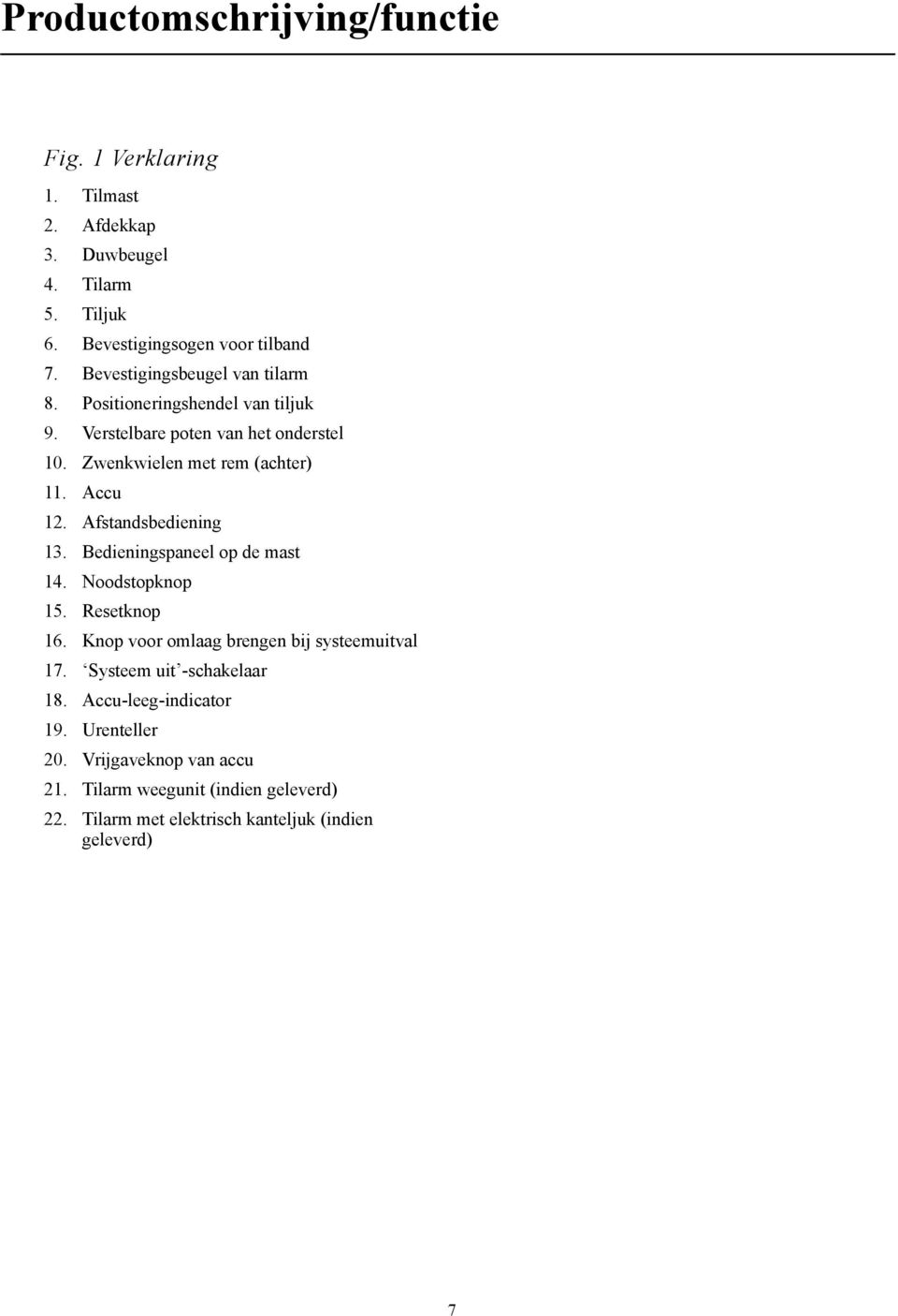 Afstandsbediening 13. Bedieningspaneel op de mast 14. Noodstopknop 15. Resetknop 16. Knop voor omlaag brengen bij systeemuitval 17.